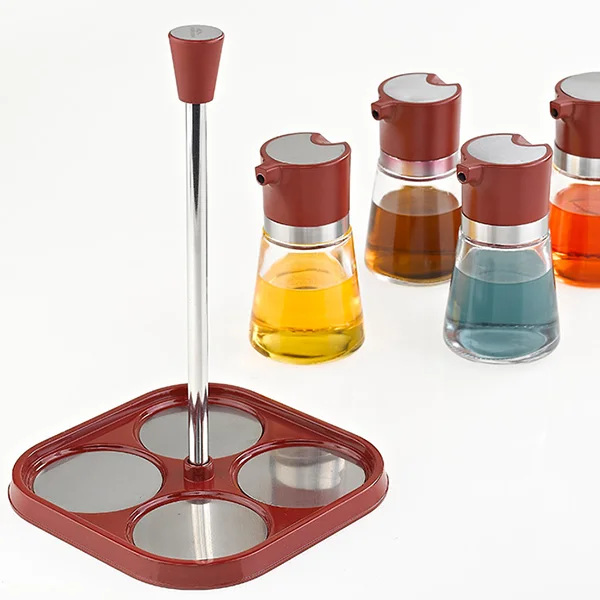 High Quality 4 Pieces Olive Oil and Vinegar Dispenser Bottle Set with Plastic Rack