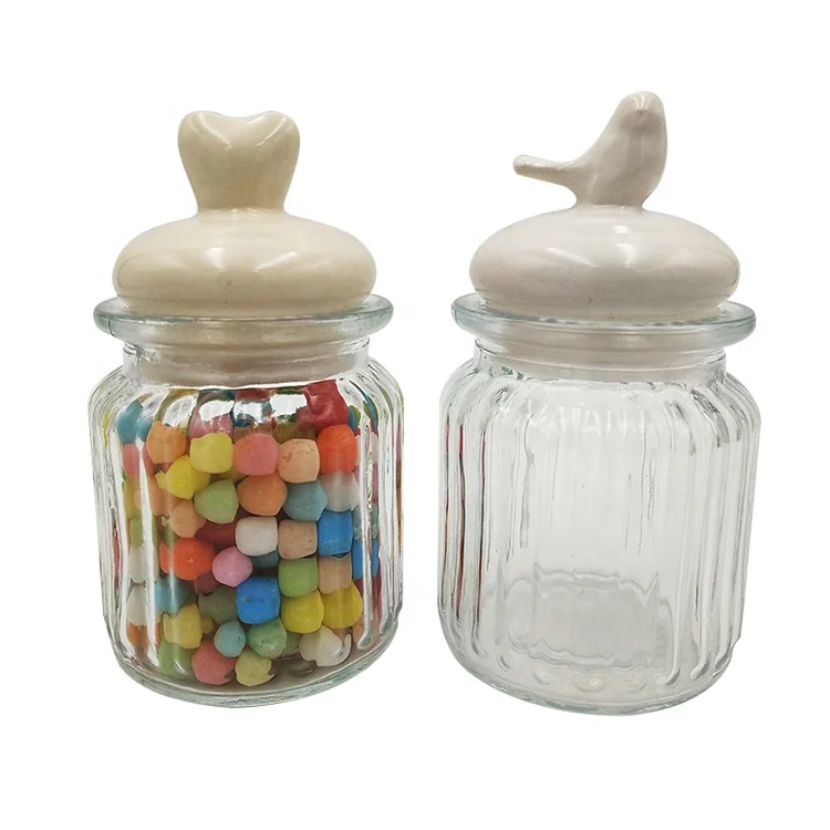 Ceramic Heart Bird Shaped Lid Decorative Glass Food Canister Storage Jar for Kitchen Coffee Cookies Candy Biscuit
