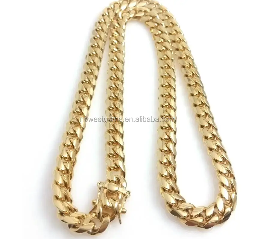 
12mm men Stainless Steel Jewelry 24K Gold Filled Plated High Polished Cuban Link Necklace For Men Punk Curb Chain Dragon-Beard 