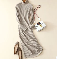 Ladies winter women stripe casual dress cashmere dress wool turtleneck evening dress Cable Knit Sweater for women