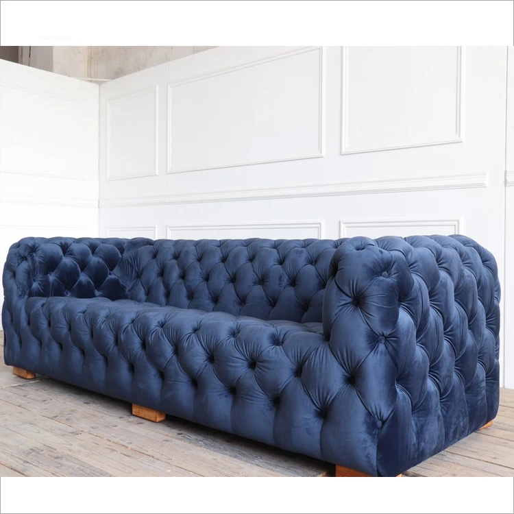 Luxury high end blue leather nightclub pub button chesterfield lounge sofa (FOH-WJ02)