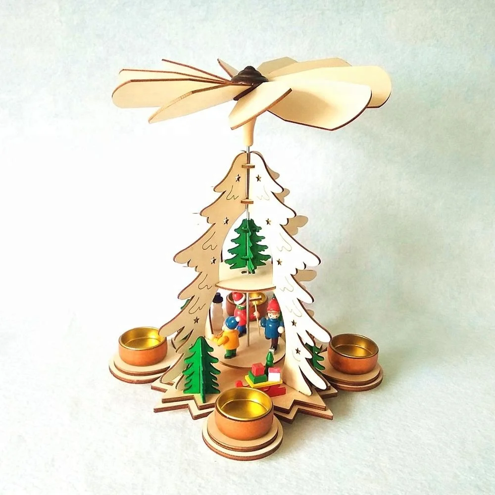Wooden craft laser cutting Christmas pyramid decoration with tealight holders