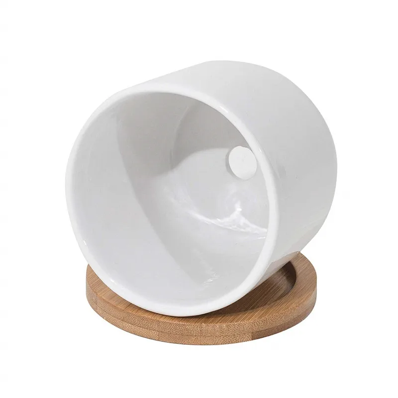 Set of 3 Ceramic Pots for Plants 4 inch Catcus Flower Planter Drainage Hole White Ceramic Succulent Pots with Bamboo Tray Decor