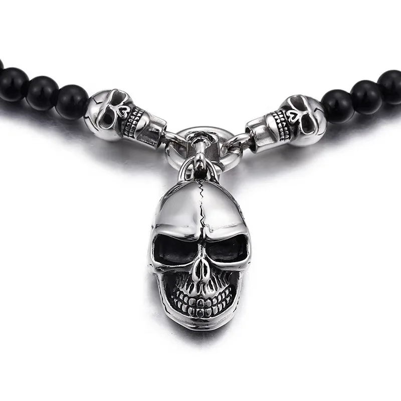 YK Natural Stone Jewelry 8mm Black Onyx Beaded Stainless Steel Skull Head Necklace