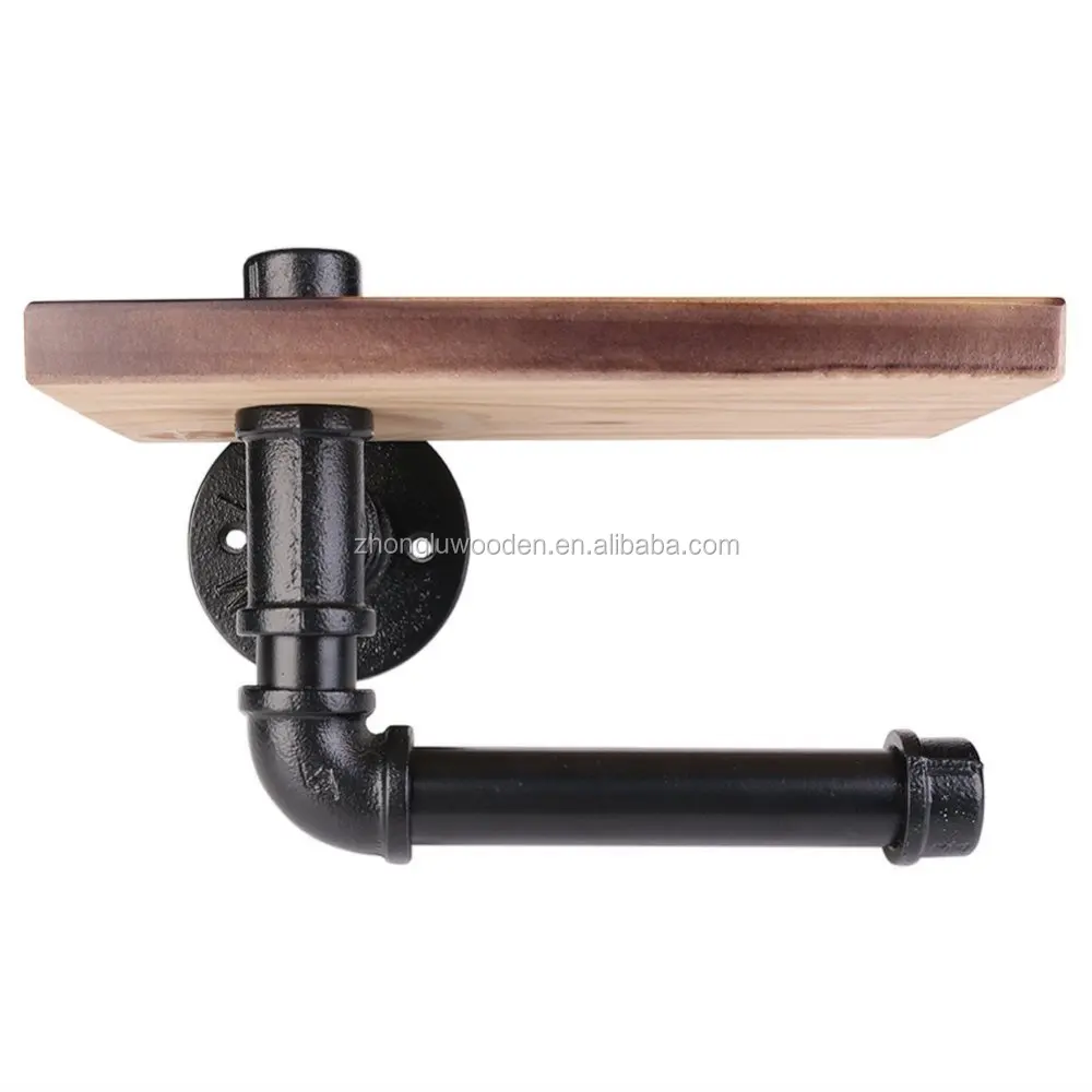 
Industrial Toilet Paper Holder Standing Metal Wall Storage Missingift Tissue Roll Stand with Wooden Shelf 
