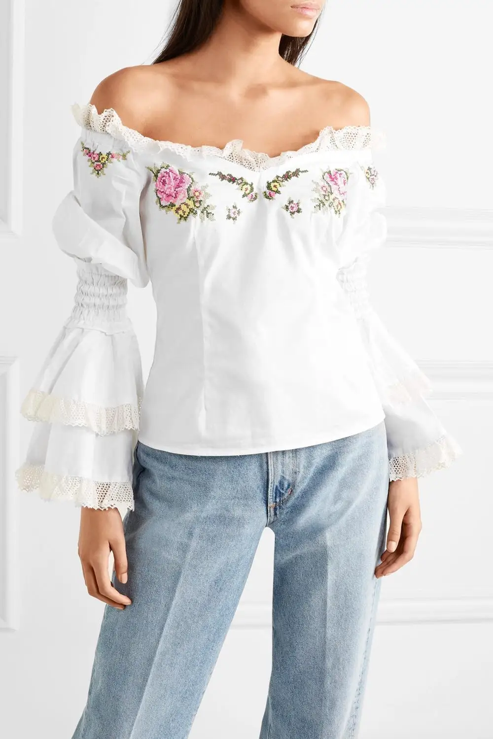 Китайский поставщик модная женская хлопковая блузка с открытыми плечами и