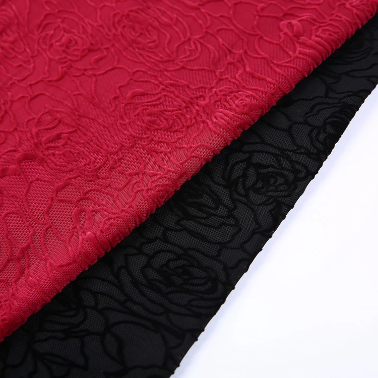 
High quality custom red floral design polyester african flock fabric for garments 