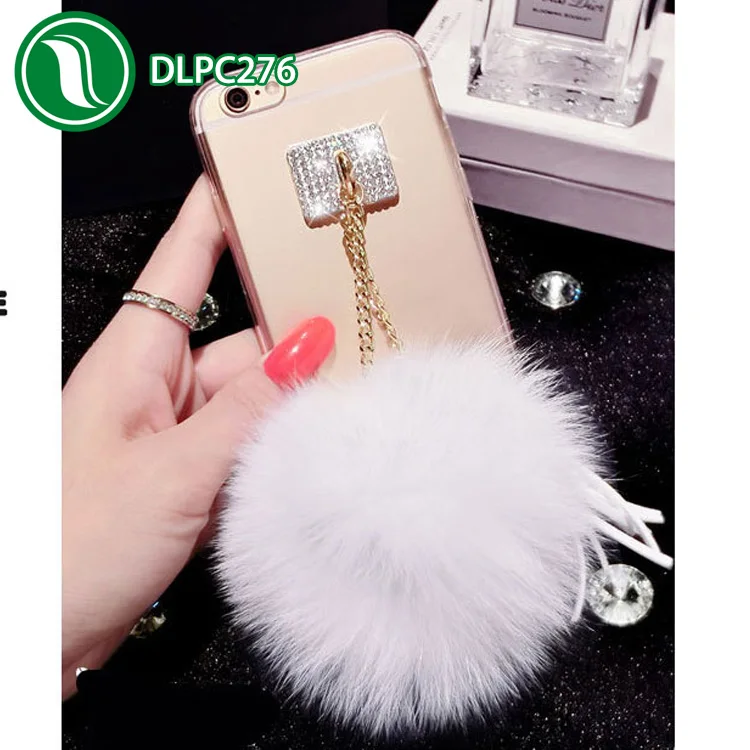 Luxury fox plush ball phone case Bling diamond Clear Soft TPU fur ball case for iPhone 6