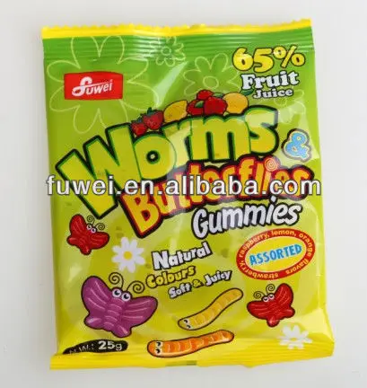65% fruit juice natural color gummy worms candy, sour gummy worms