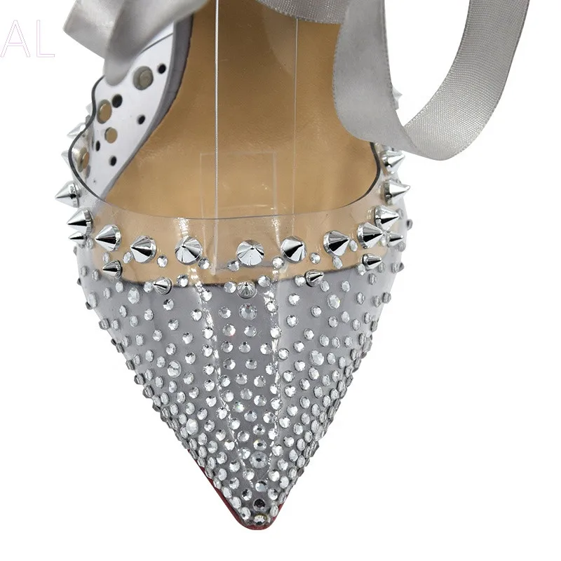 Pointed toe transparent pvc upper rivet rhinestone sandals ribbon tied ankle sandals