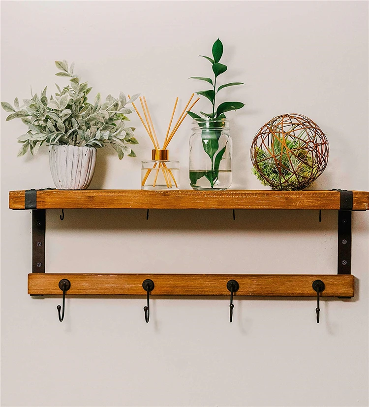 Floating Shelf, Pine Wood Shelf, Wood Wall Mounted Entryway or Office Shelves with 4 Antique Metal Hooks