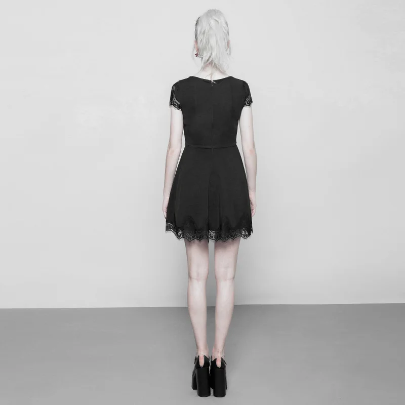 
Goth Women Dress O Neck Short Sleeve Lace Stitching Black Mini Casual Dresses OPQ-349LQF Ladies Clothing New Design PUNK RAVE 