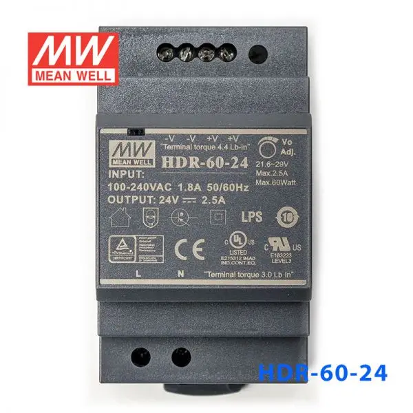 HDR-60-24  AC-DC 60W 24V DIN RAIL ORIGINAL MEAN WELL SWITCHING POWER SUPPLY ultra slim step shape DIN RAIL
