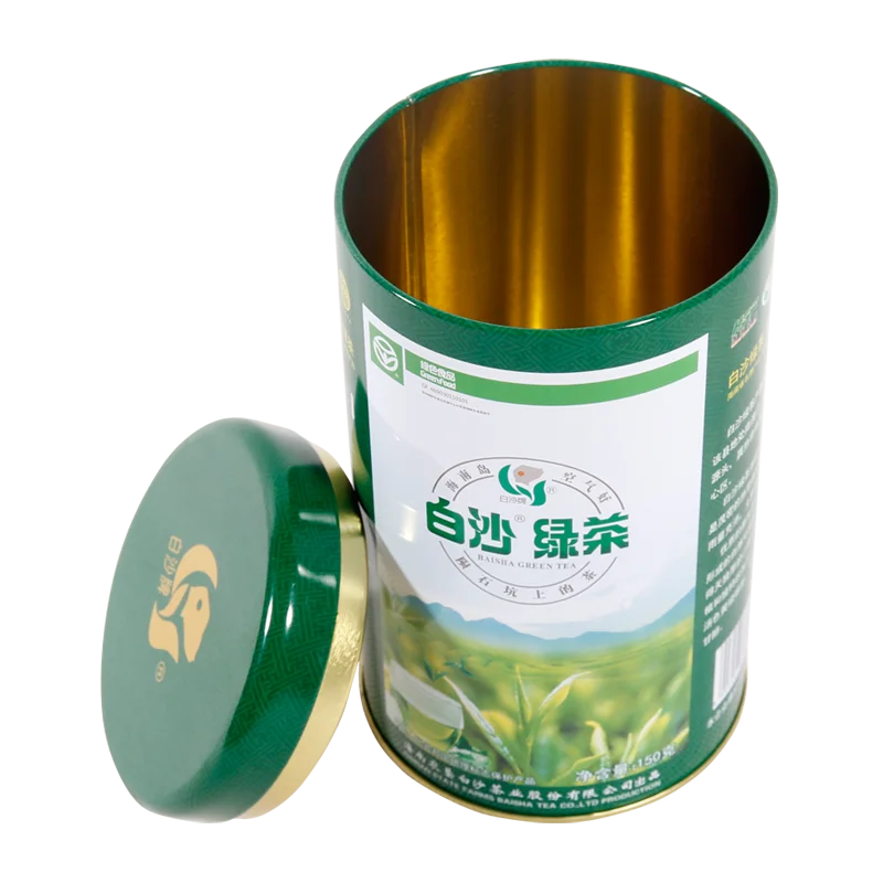 Custom printing design food grade plug lid round green tea tin container