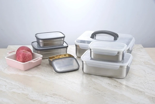 
Stainless steel 304 high quality square crisper lunch food container with plastic seal cover/lid, food storage box 