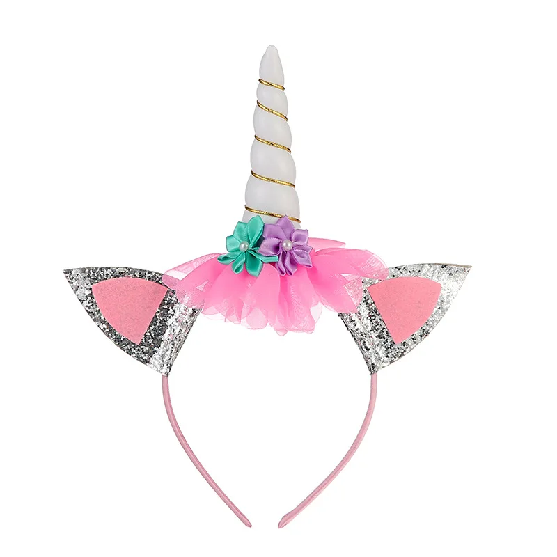 
Handmade Kids Party Rainbow Unicorn Horn Headband For Diy Party Supplies Gold Glittery Headwear Flower Hairband Hair Accessories 