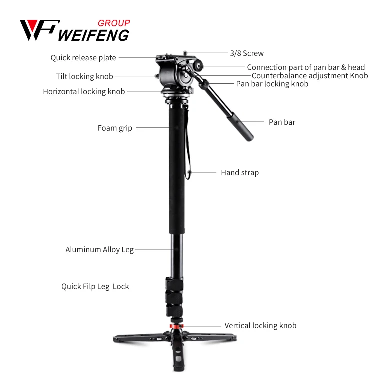Tripo factory Weifeng WF-500S professional high quality  Aluminum Alloy  Monopod  with Fluid Damping Head