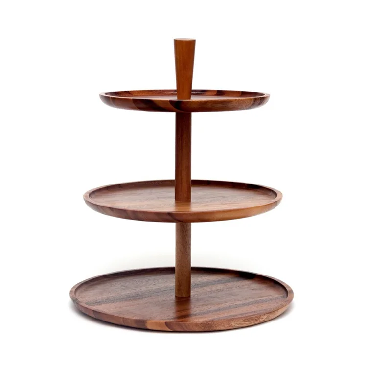Home Decor 3 Tier Tiered Fruit Platter Food Serving Acacia Wood Round Wooden Fruit Tray