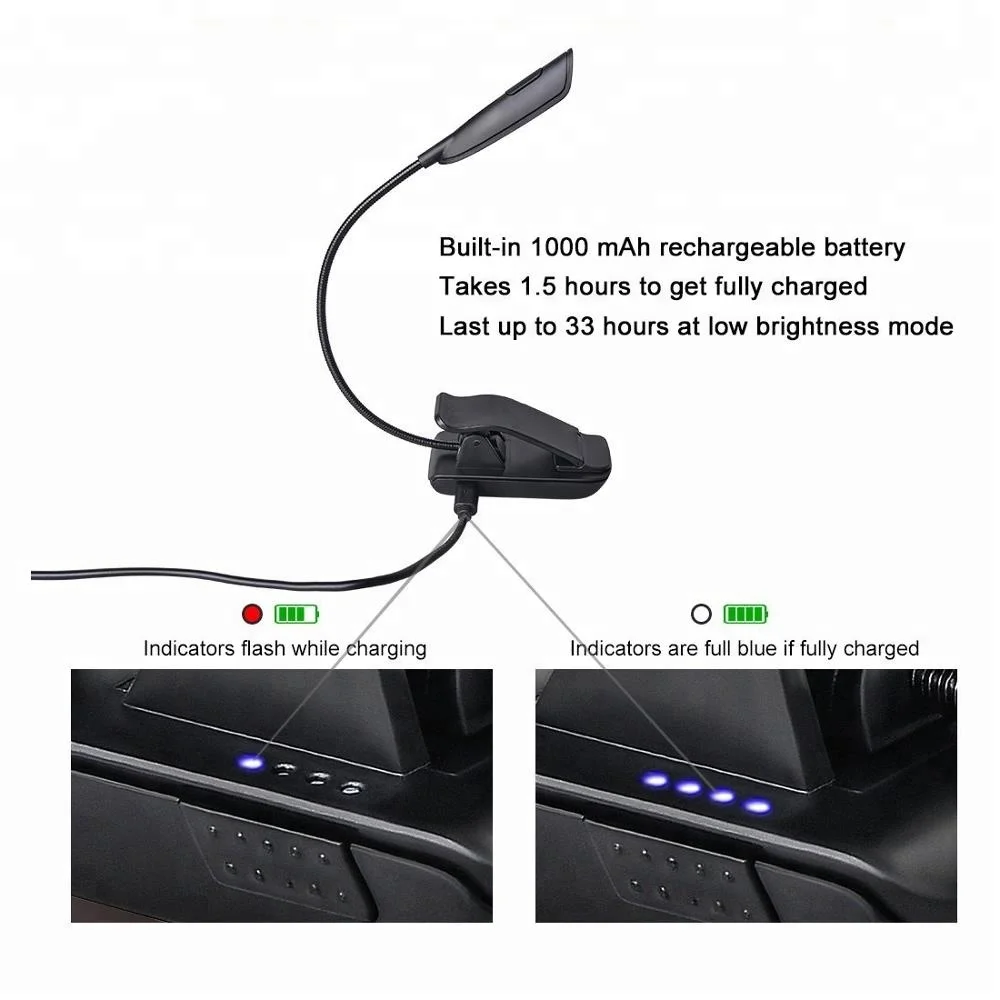 
Rechargeable Book Light Clip on lamp Adjustable Color Temperature up to 33 Hours of Continuous Lighting Time USB cable included 