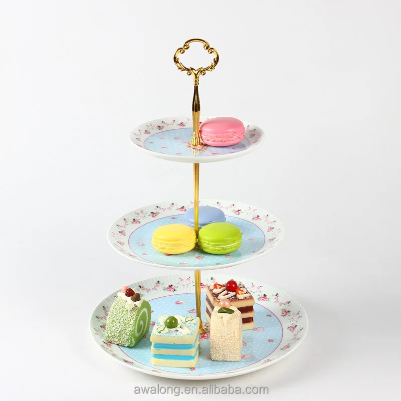 3 layer ceramic fruit & cake plate colored bone china cake stand