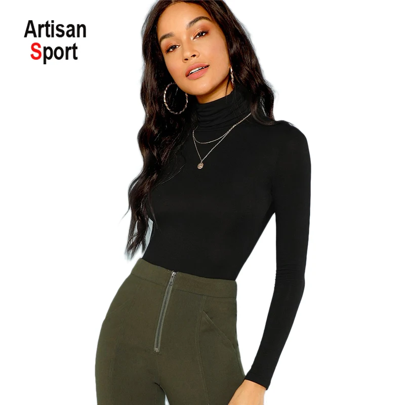 
sexy costumes Black Turtleneck Slim Fit T-shirt Office Ladies Plain High Neck Long Sleeve Tee Women Autumn Minimalist Tee 