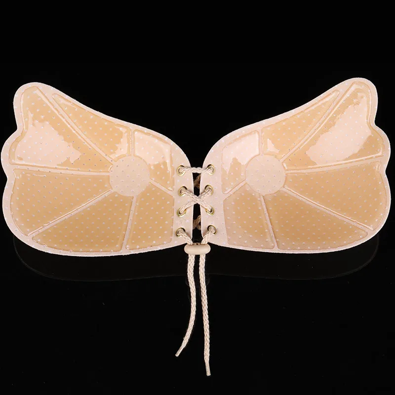 Self adhesive invisible nipple showing bra with drawstring fly strapless sexy girl nude bra