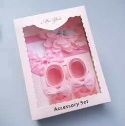 In Stock Wholesale Newborn Gifts Box Pack Fancy Lace Bow Flower Headband Set Anti Slip Cotton Baby Socks