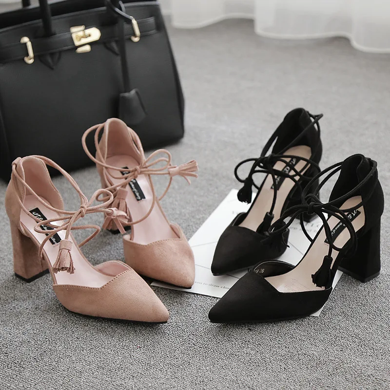 Женские замшевые туфли, сандалии на высоком толстом каблуке, заостренный носок, европейские, корейские, японские, лето-осень