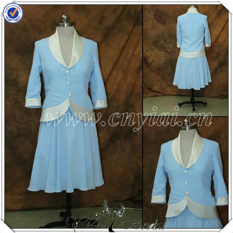 PP2595 Elegant Blue Chiffon Tea Length Mother of The Bride Dresses with long jacket