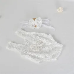 PWPROPS White Newborn Lace Outfit Photo Prop soft Baby Girl Romper Headband Set