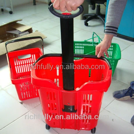 Retail wholesale 40L Stronger Plastic Basket with telescopic trolley handle & 2 wheels