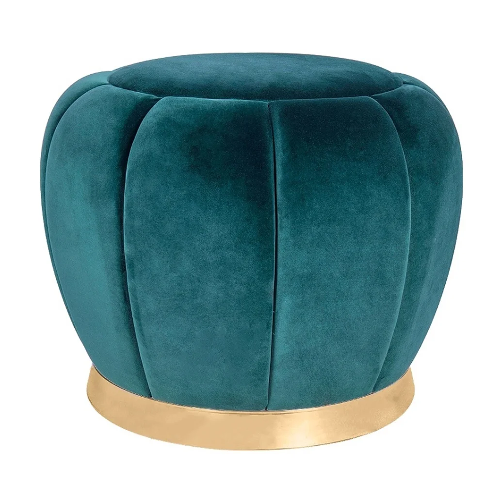 Home Furniture Living Room Teal Bedroom Footstool Modern Velvet Round Ottoman With Gold Base