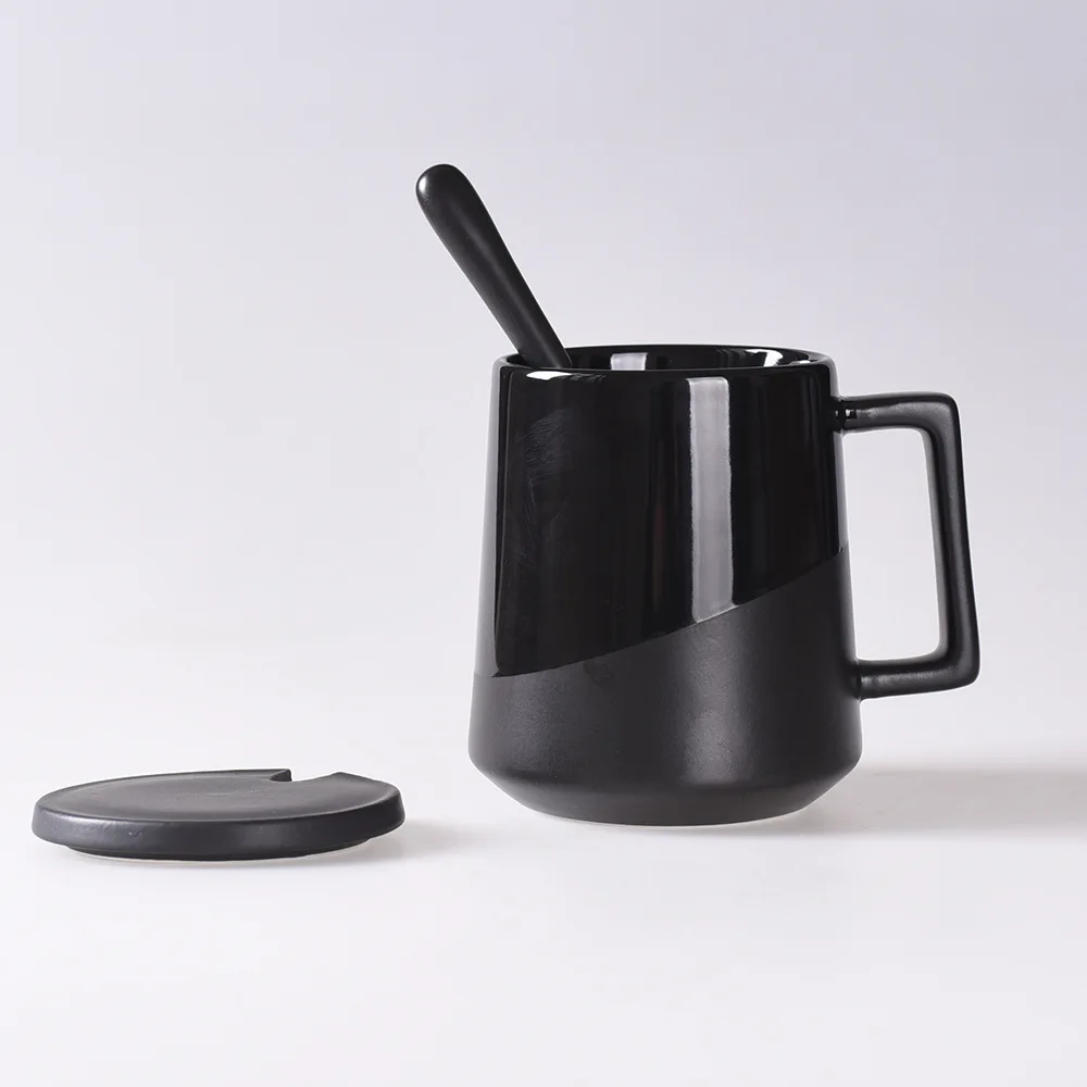 
Office Large Capacity Black Ceramic Cup with Lid Spoon Cups and Mugs 