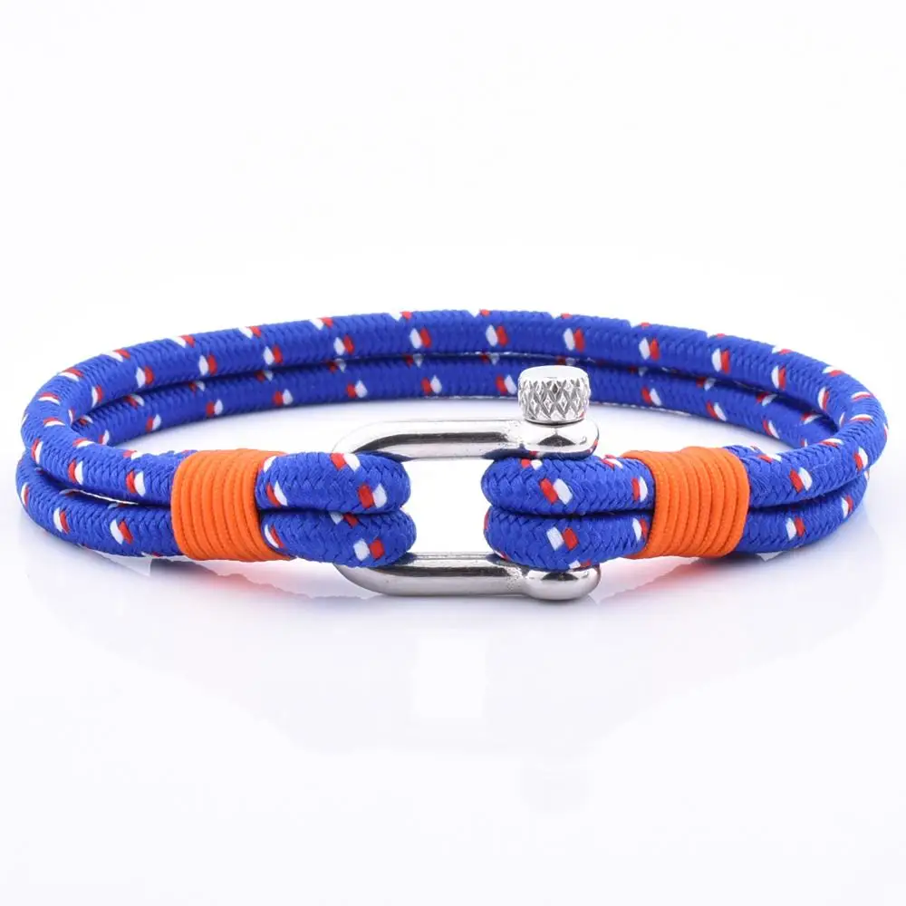 Mens Handmade Jewelry Nylon Rope Cord Stainless Steel Shackle Charm Bracelet Red Cotton Rope Woven Bracelet