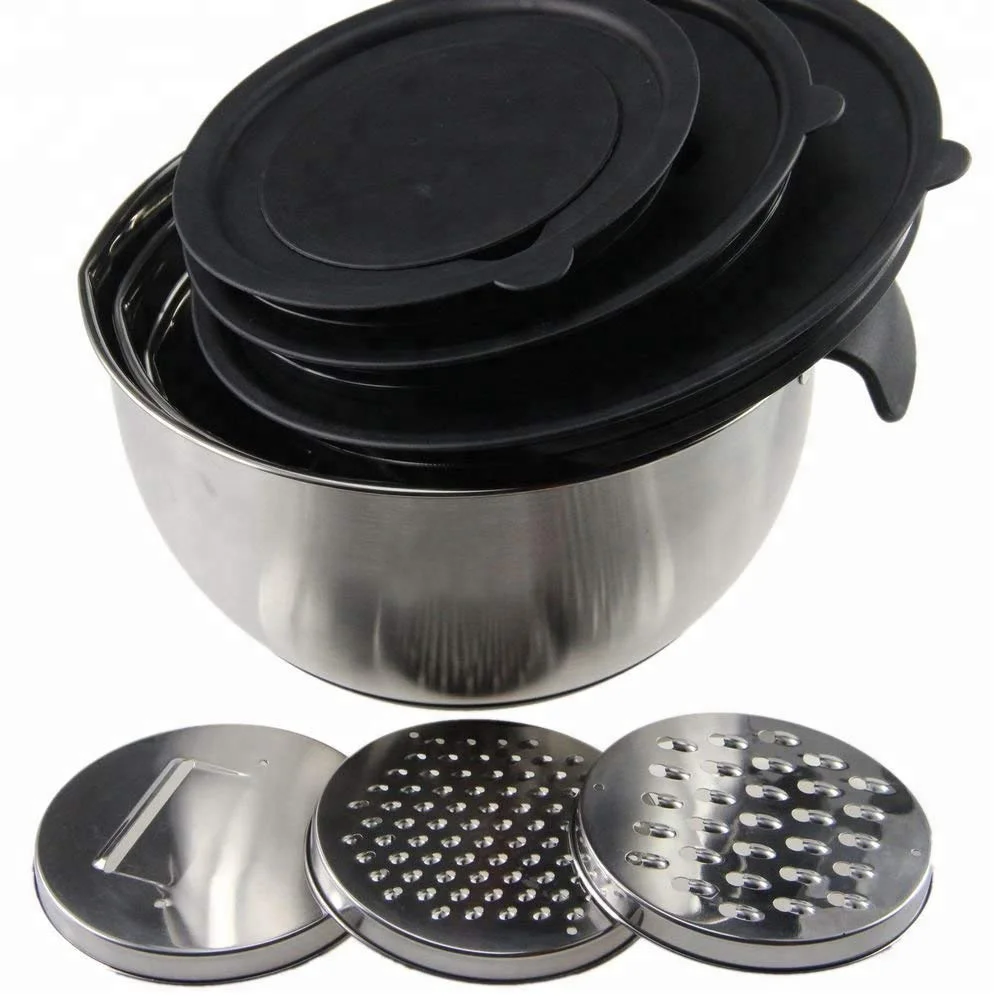 Multifunctional round flour mixing bowls stainless steel salad mixing bowl set with lid and grater for kitchenware