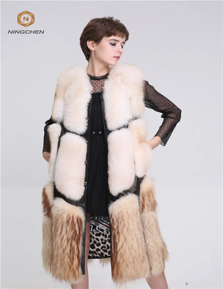 Classic Plaid Casual Long Plus Size Real Fox Fur Vest Hooded Coat Top quality women horizontal design real fox fur coat