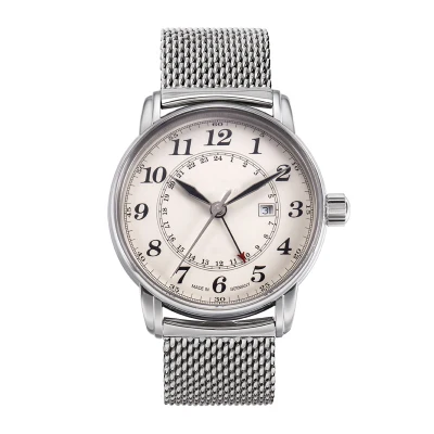 OEM simple double time GMT movt stainless steel mesh strap geneva watches men