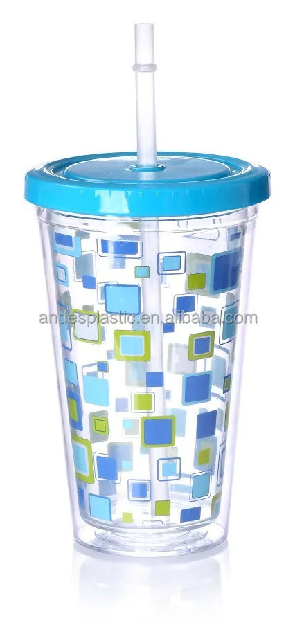 Bpa Free 16Oz Beverage Lid Double Wall Plastic Cup With Lid and Straw