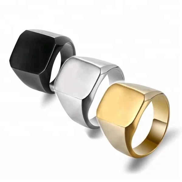 China Manufacturers selling titanium steel smooth big flat ring fashion gold stainless steel male square ring blanks jewelry