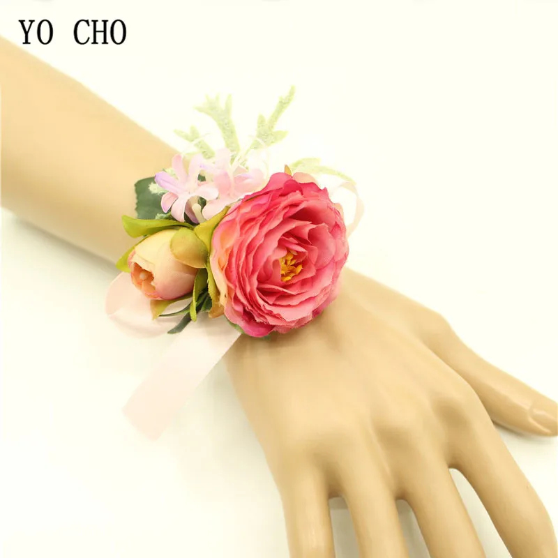 YO CHO silk pink leaf succulent Prom wedding Quinceanera Groom bridal bridesmaid handmade artificial silk bridal wrist