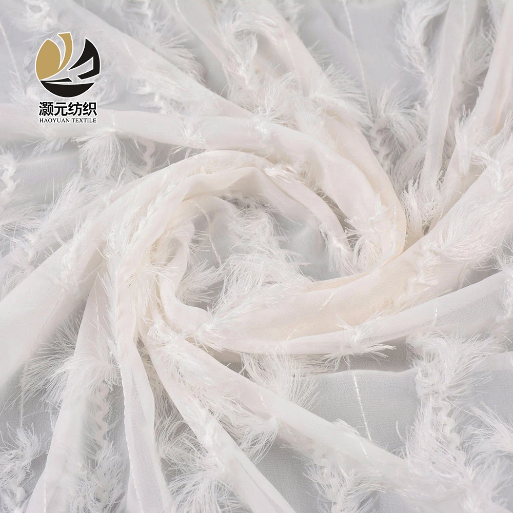 Stock lot wholesale high quality polyester soft fancy 3d white feather crepe chiffon fabric