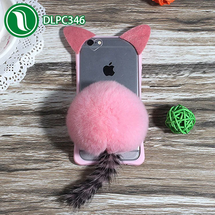 3D Cute Kitty Cat Ear fur case Shockproof Silicone cat shaped ball and tail case plush cat case for iPhone 7
