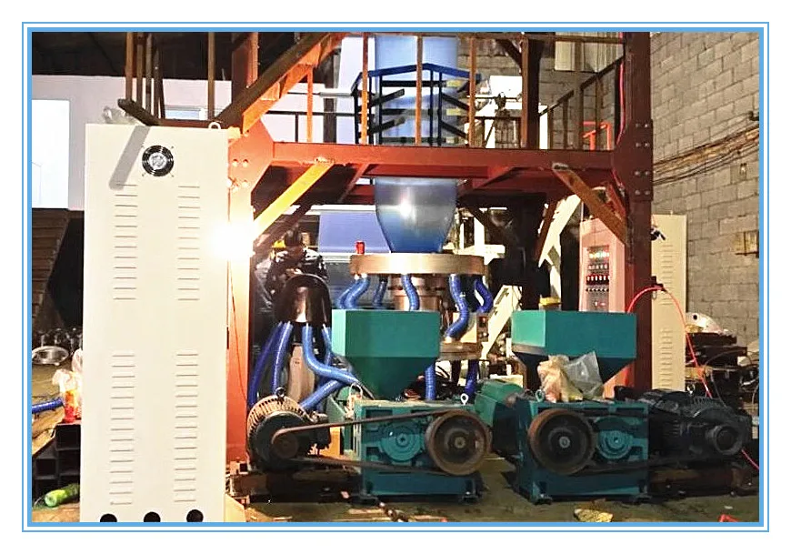 2 layers co-extrusion blown PE film extruder with itrile rubber rewinding machine and 38CrMoAl nitride screw