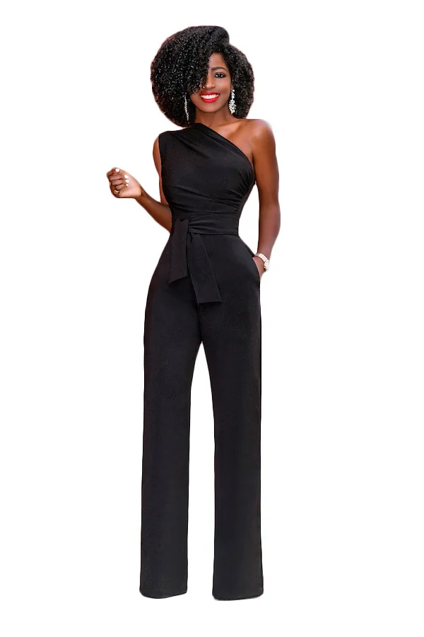 
New MM5485 Black Tie Waist Sleeveless One Shoulder Pants Casual Trousers Ladies Vintage Long Jumpsuit 