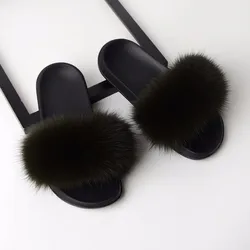2020 customized Color matching wholesale fur slides fluffy fox slippers  purse real fox fur slippers women Raccoon fur