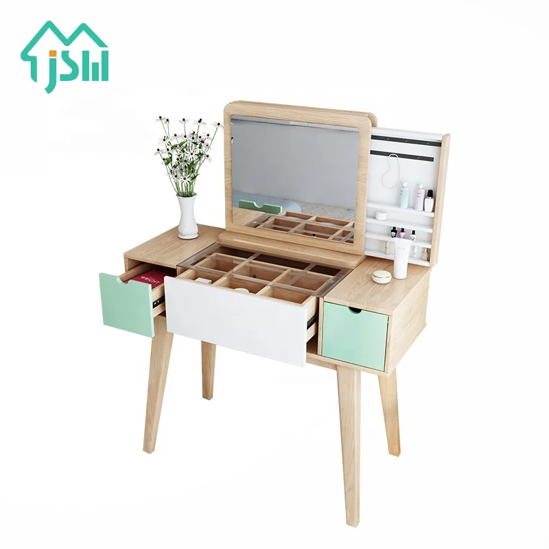 Nordic Style Modern Bedroom Cosmetic Partition Storage Design Flip Mirror Wood Dresser Furniture