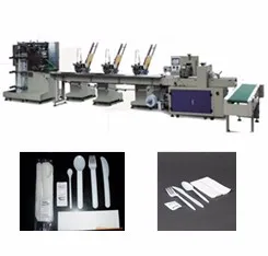 Knife, Fork, Spoon, Napkin, Wet wipe, Salt, Pepper, and toothpick packing machine