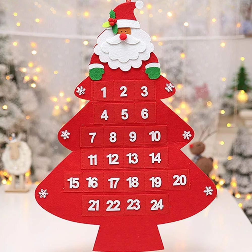 24 Days Christmas Countdown Calendar Wall Hanging Santa Claus Christmas Tree Shaped Felt Advent Calendar with Pockets