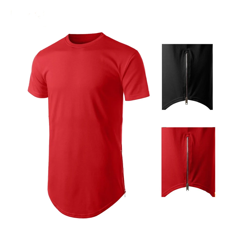 fashion mens streetwear longline scoop bottom t shirt with side zippers fitted elongated t shirt