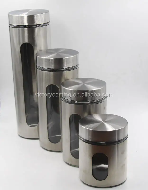 4 Piece Brushed Stainless Steel and Glass Canisters with Window Silver